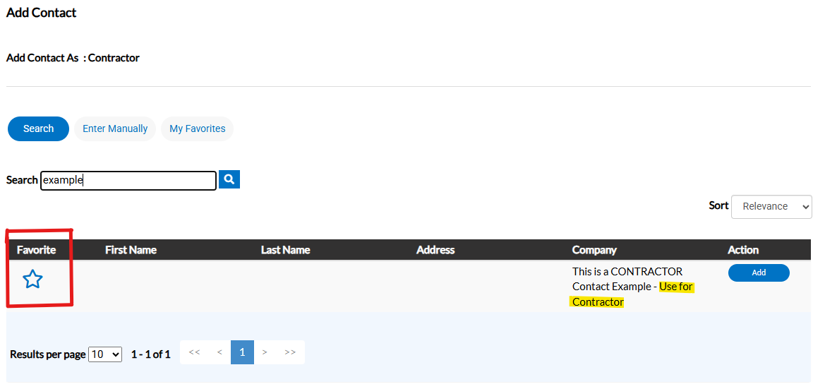 Example of contractor search in online portal