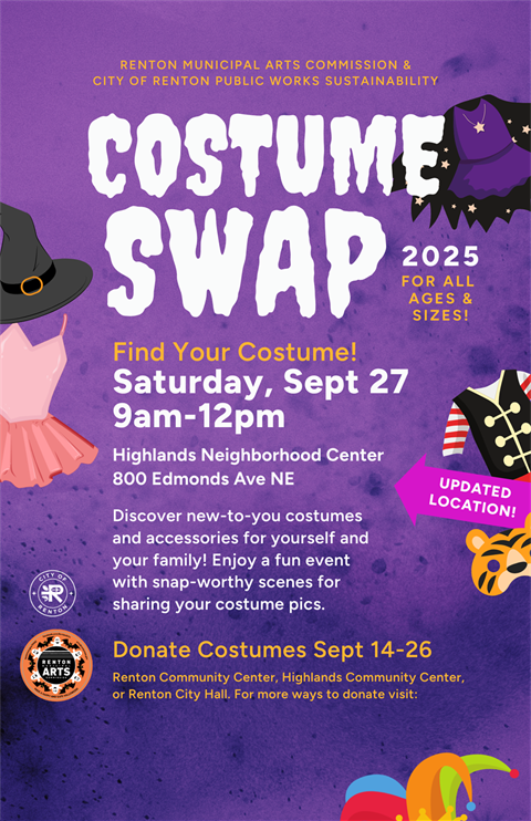 Vertical poster for Costume Swap with updated address of 800 Edmonds Ave NE