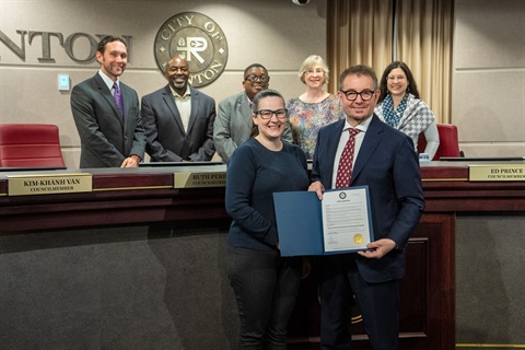 2026-04-14 Sexual Assault Awareness and Prevention Month. Accepting the proclamation was CEO of King County Sexual Assault Resource Center (KCSARC) Kate Garvey