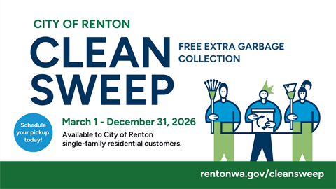 Graphic for the City of Renton Clean Sweep program showing people with items to recycle or throw away. The graphic shows that the program is available March 1 to December 31.