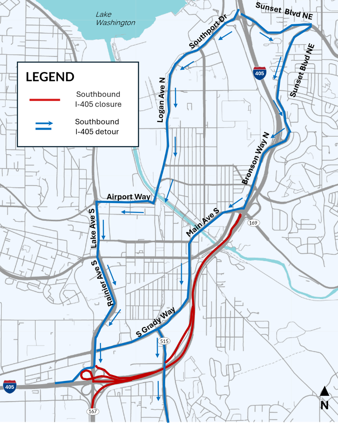2026-04-24 to 04-27 Southbound I405 closure detour and closure map