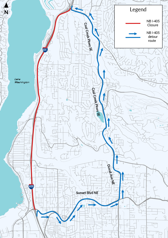 Detour Map of closure on NB I-405 rerouting to Duvall and Coal Creek Parkway - blue showing