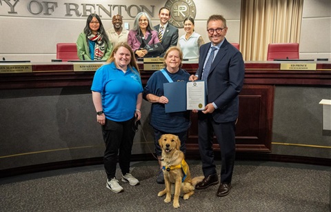 2026-09-21 National Service Dog Month Proclamation photo at Renton City Council witih city leadership