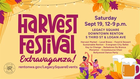 Harvest Festival graphic in yellow for Saturday September 19 12-9 p.m. at Legacy Square. Various events happening