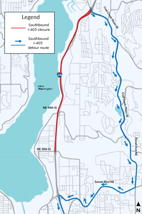 2026-05-05 Southbound I405 detour map going from Bellevue to Renton