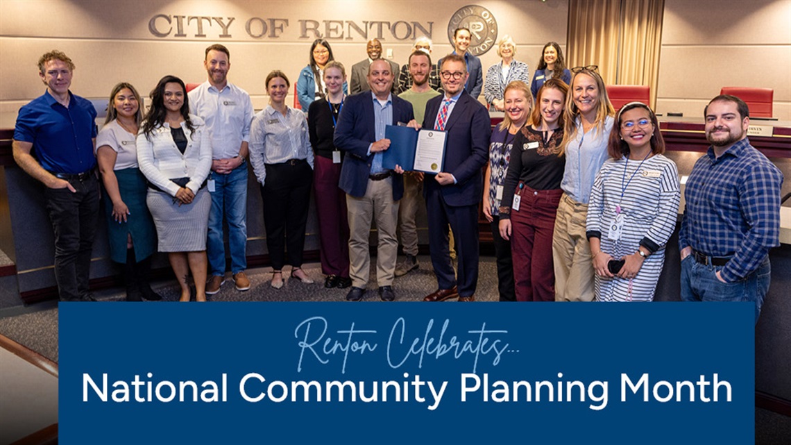 This Week in Renton cover image showing CED's Planning Division accepting a proclamation at Renton City Council meeting from the mayor