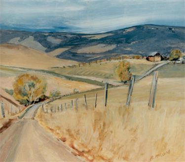 A painted rural landscape showing a winding dirt road leading toward a farmhouse and barn in the distance, surrounded by golden‑brown fields, scattered autumn trees, rolling hills, and a partly cloudy sky. Fence posts line the road, and the painting is signed ‘R. McCord’ in the lower right corner.