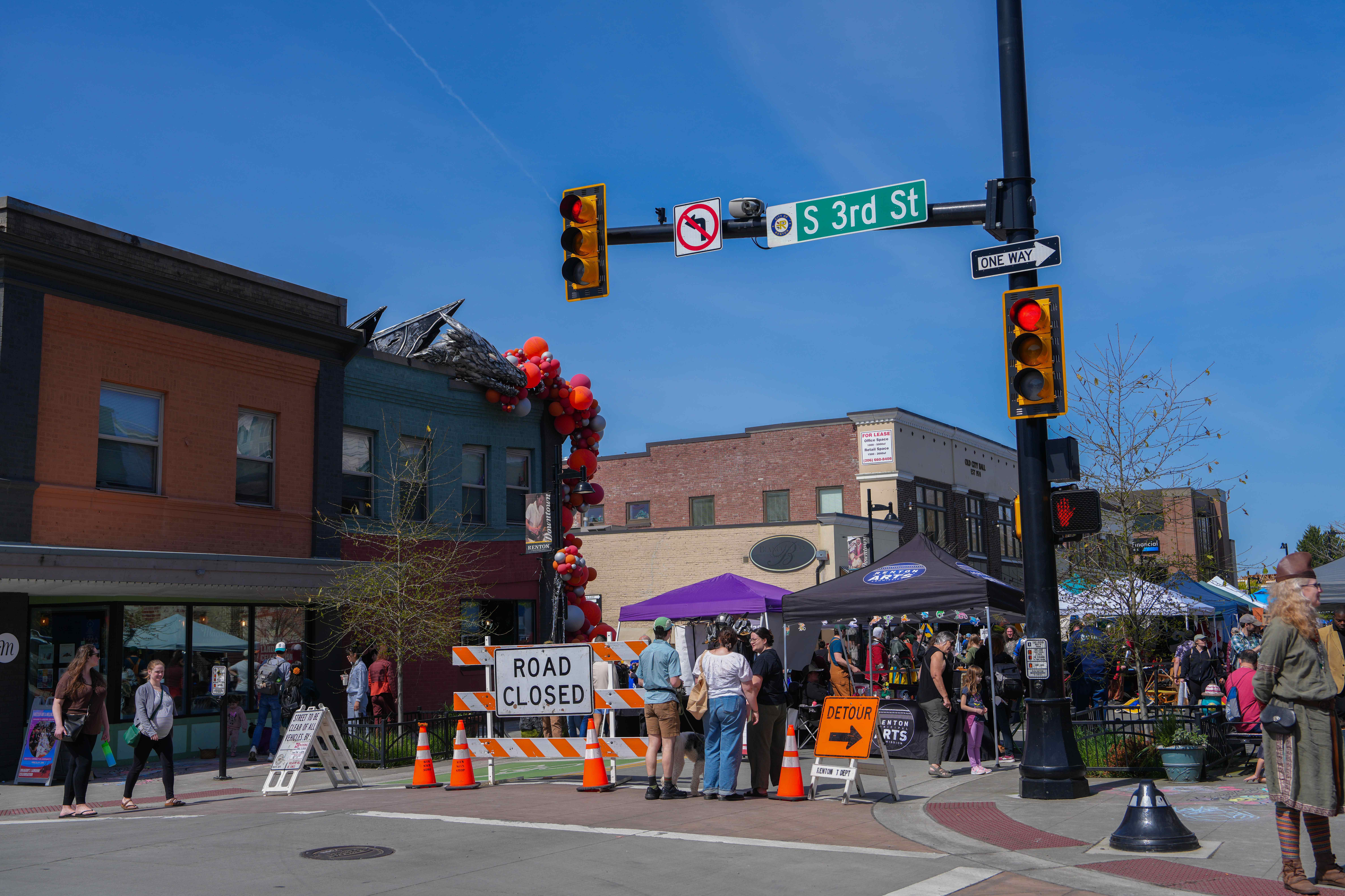 View of Wells with Road Closed sign during Dragons Landing Celebration