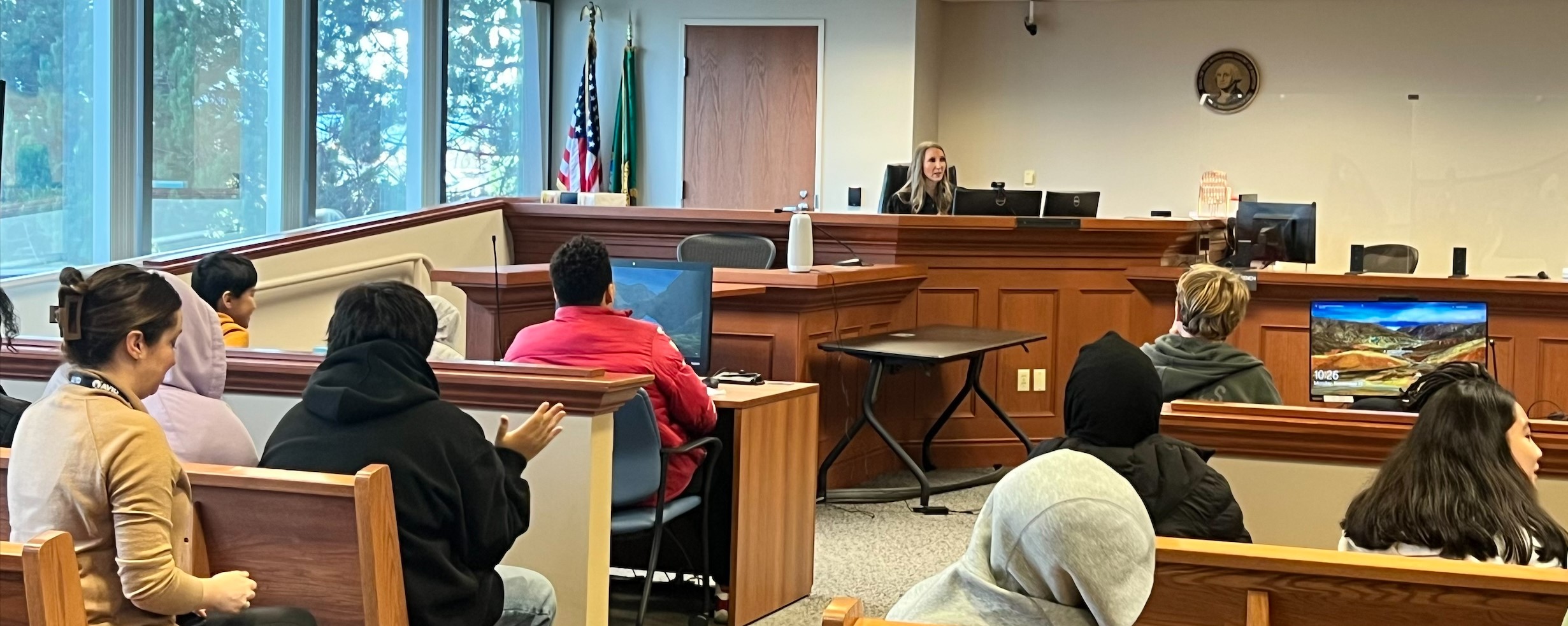 Renton judge during mock trial for Renton's Youth Traffic Court