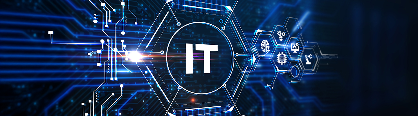 Blue background with text that says IT in the middle