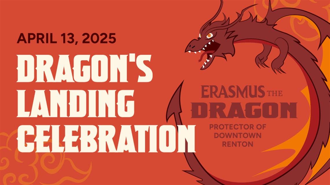 Graphic of a dragon with red background that reads April 13, 2025 Dragon's Landing Celebration