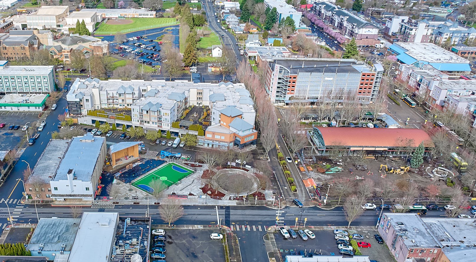 Drone shot of Legacy Square and Renton Market