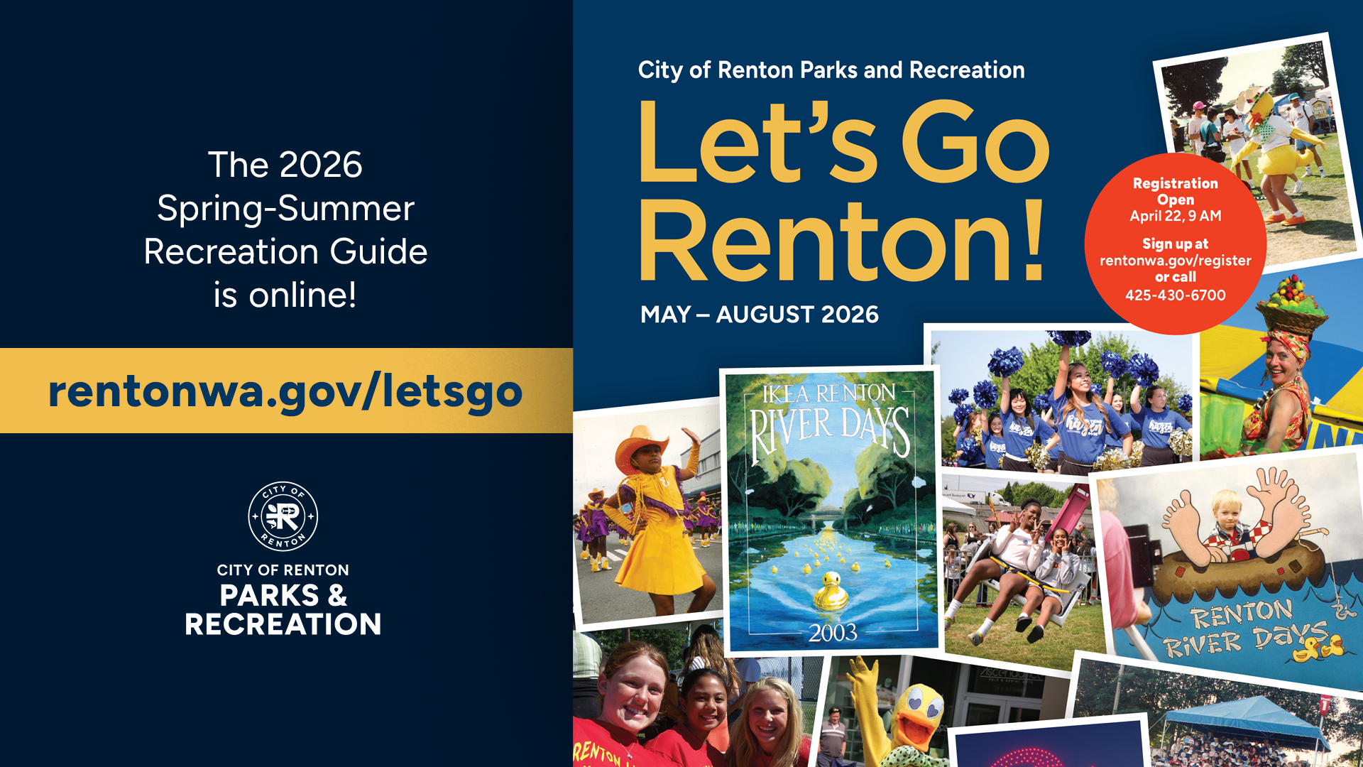 Let's Go Guide Renton Recreation guide saying the 2026 Spring-Summer Recreation Guide is online 1920x1080