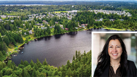 Aerial photo of a lake and headshot photo of Finance Director, Kristin T