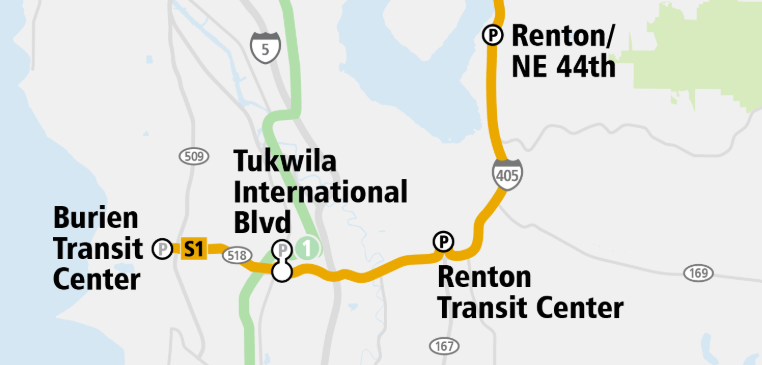 Sound Transit S1 Line map stopping by the new Renton Transit Center map