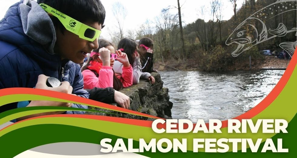 Cedar River Salmon Festival graphic with people wearing polarizing glasses spotting looking towards the Cedar River